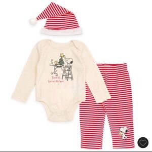 PEANUTS Snoopy Christmas 3 Piece Outfit Set Cream Beige / Red 3-6 Months